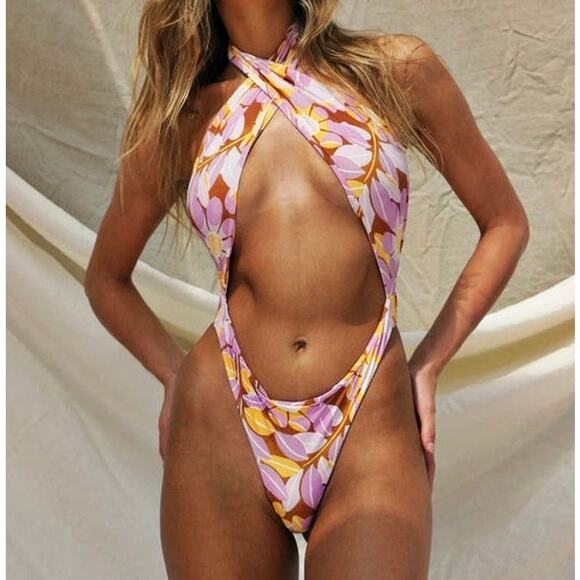 STONE FOX SWIM Floral Azalea One Piece Swimsuit Retro Bloom Print Large $200 - Picture 1 of 10